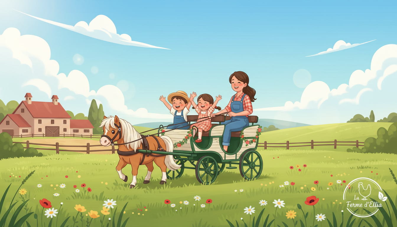 Famille heureuse dans une calèche tirée par un poney à la ferme pédagogique