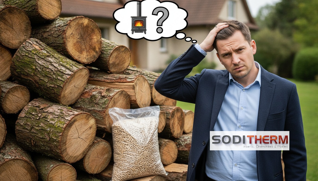 Homme r&eacute;fl&eacute;chissant devant pile de bois et sac de granul&eacute;s pour choisir son chauffage
